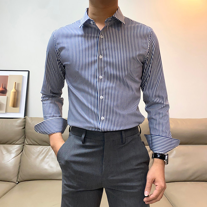 春季新款英伦条纹长袖衬衫男商务休闲韩版修身帅气免烫百搭衬衣潮
