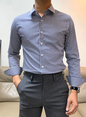 春季新款英伦条纹长袖衬衫男商务休闲韩版修身帅气免烫百搭衬衣潮