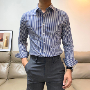 新款 修身 英伦条纹长袖 男商务休闲韩版 帅气免烫百搭衬衣潮 衬衫 春季