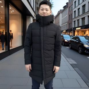 76316S  意大利箭家中长款连帽羽绒服男加厚保暖黑色外套冬季新款
