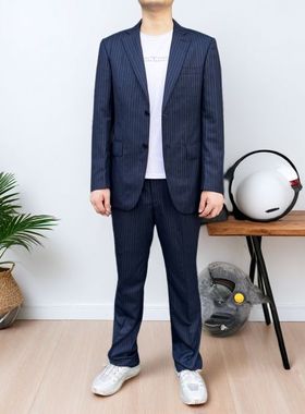 312021羊毛76%+桑蚕丝21% 2025年春秋新款羊毛套西深蓝大码套装男