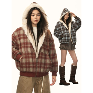 Aaisup 美式双面穿格子连帽棉服女秋冬复古宽松加绒保暖棉袄外套