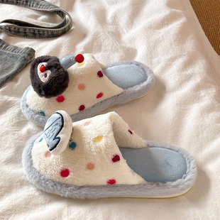 可爱企鹅波点棉拖鞋女冬季外穿加绒保暖居家室内静音防滑毛毛拖鞋