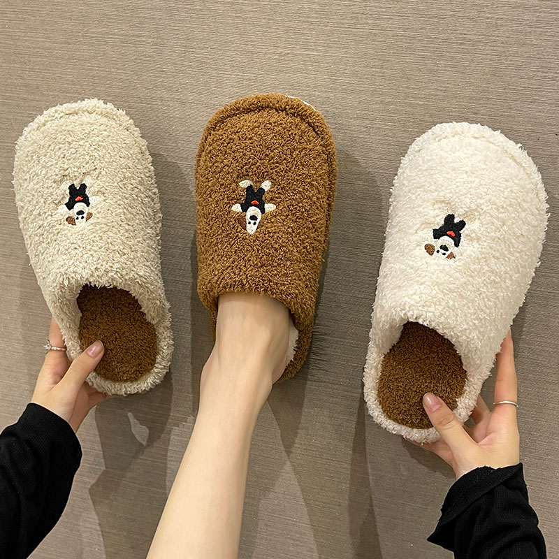 毛绒棉拖鞋女冬季外穿2025新款可爱刺绣小狗保暖室内家用防滑拖鞋