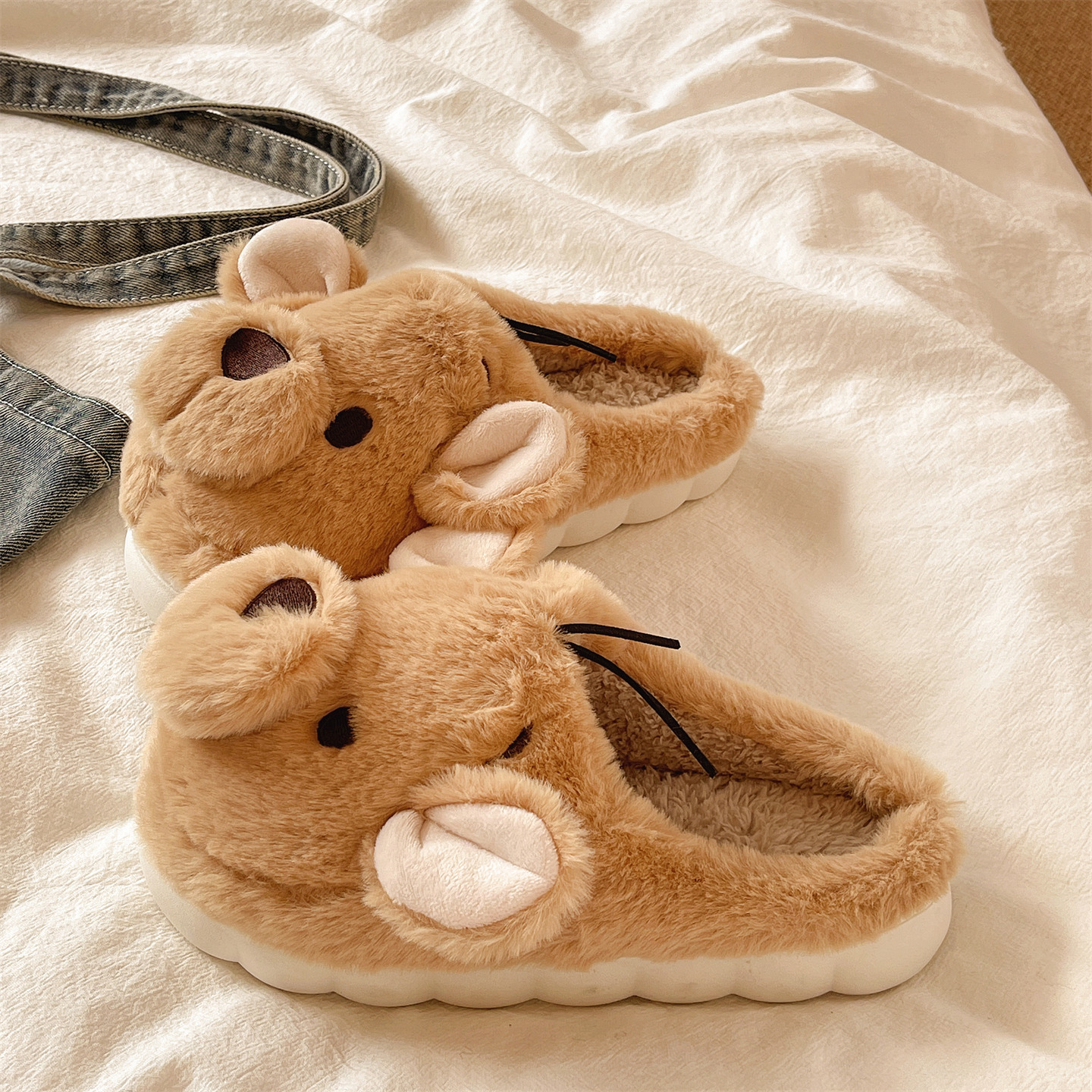 卡通棉拖鞋女冬季外穿可爱小熊居家室内保暖加绒厚底防滑毛毛拖鞋