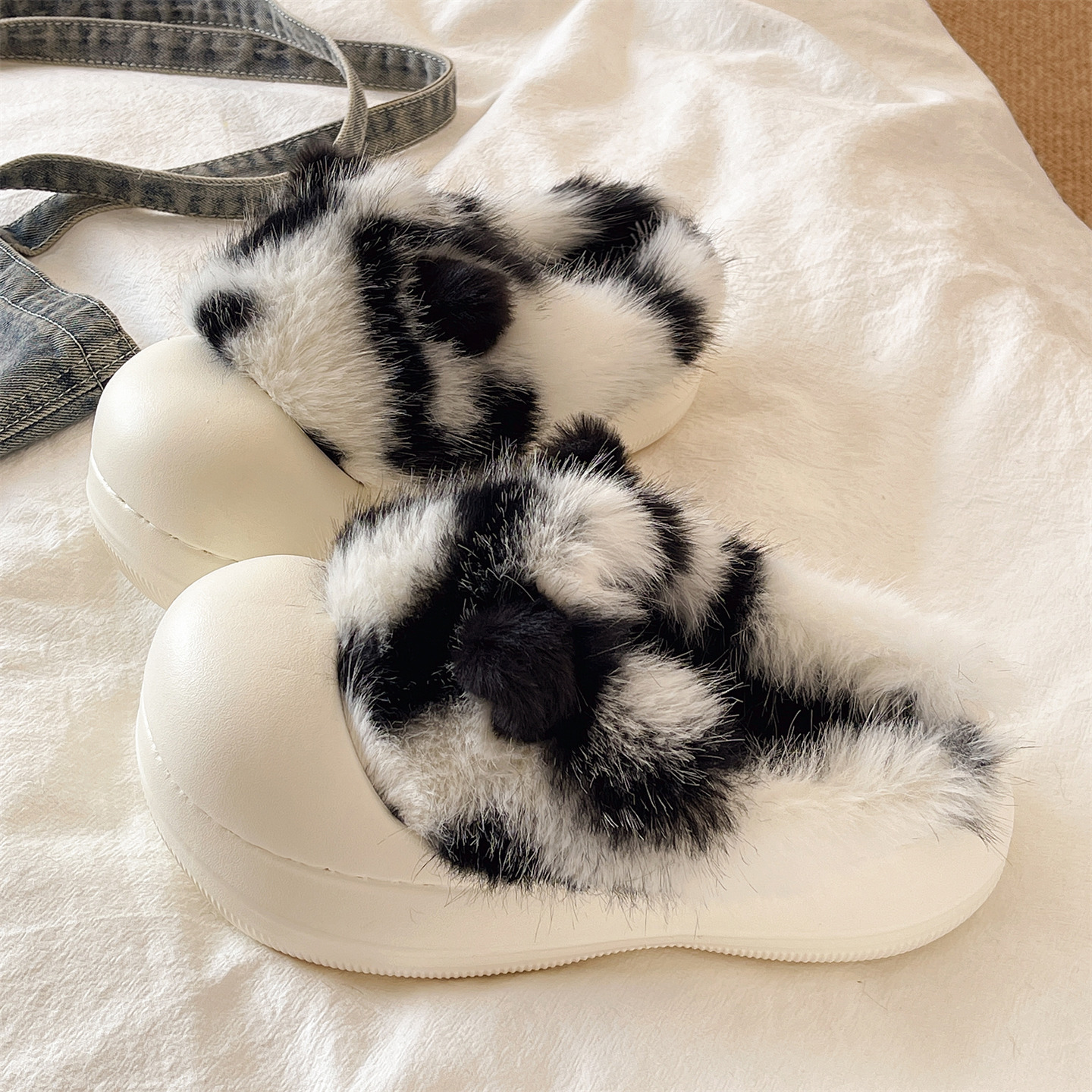 厚底毛毛拖鞋女冬季可爱豹纹猫耳防滑保暖加绒室内居家包头棉拖鞋
