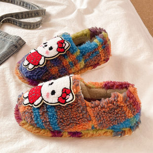 可爱猫咪拼色室内宿舍加绒保暖防滑包跟毛毛棉鞋 家居棉拖鞋 女冬季