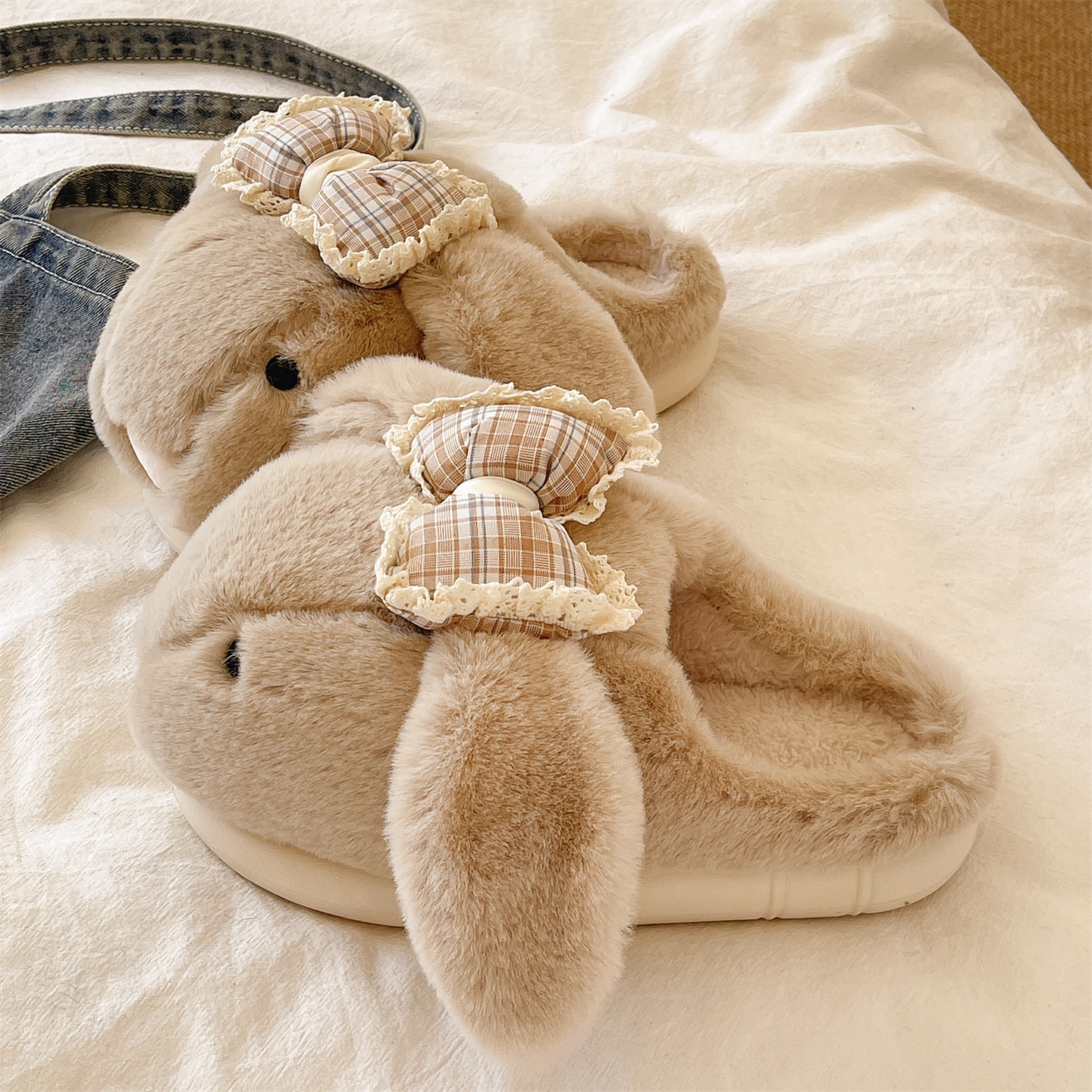 包头棉拖鞋女冬季可爱蝴蝶结耳朵室内居家防滑厚底毛绒保暖毛毛鞋