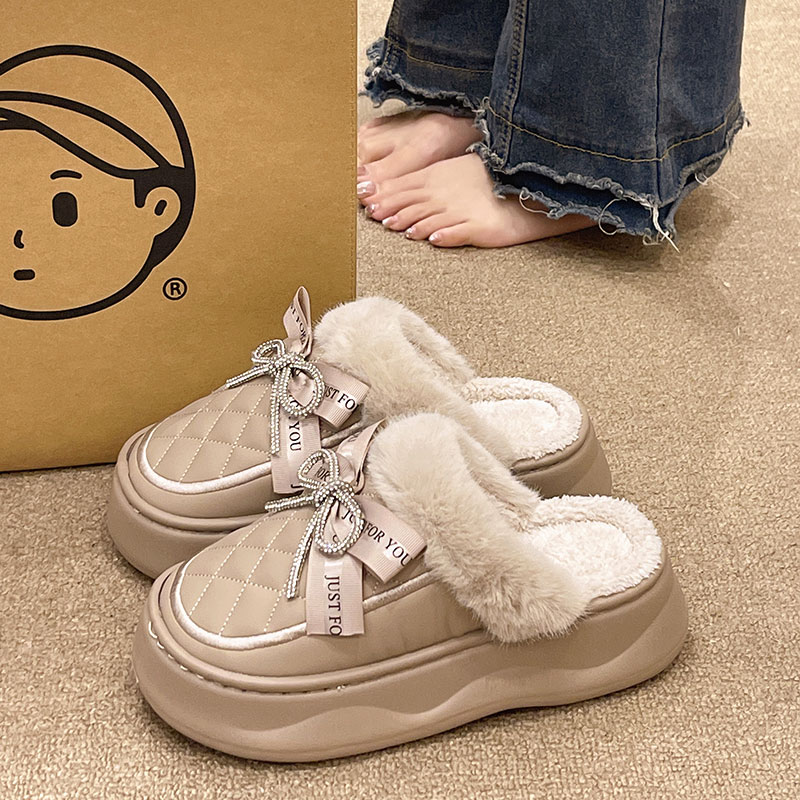 棉拖鞋女士冬季时尚水钻蝴蝶结家居室内加绒保暖防水厚底包头拖鞋