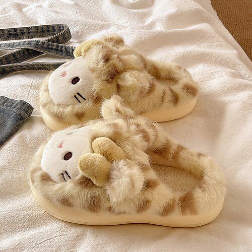可爱猫咪豹纹棉拖鞋女秋冬季毛绒保暖防滑卡通室内居家包头毛毛鞋