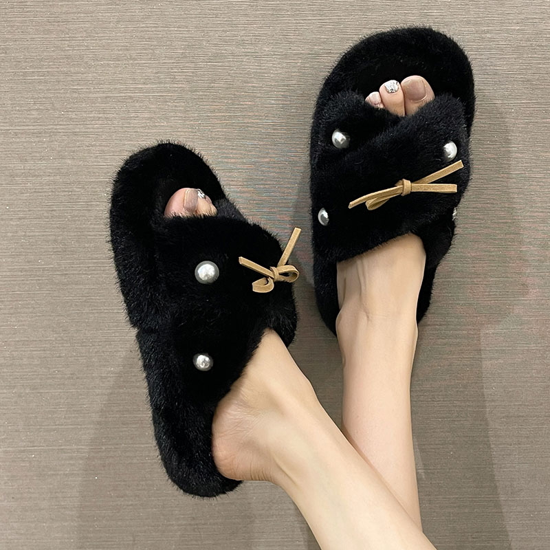 毛毛拖鞋女秋冬季外穿时尚珍珠交叉蝴蝶结室内居家防滑一字棉拖鞋