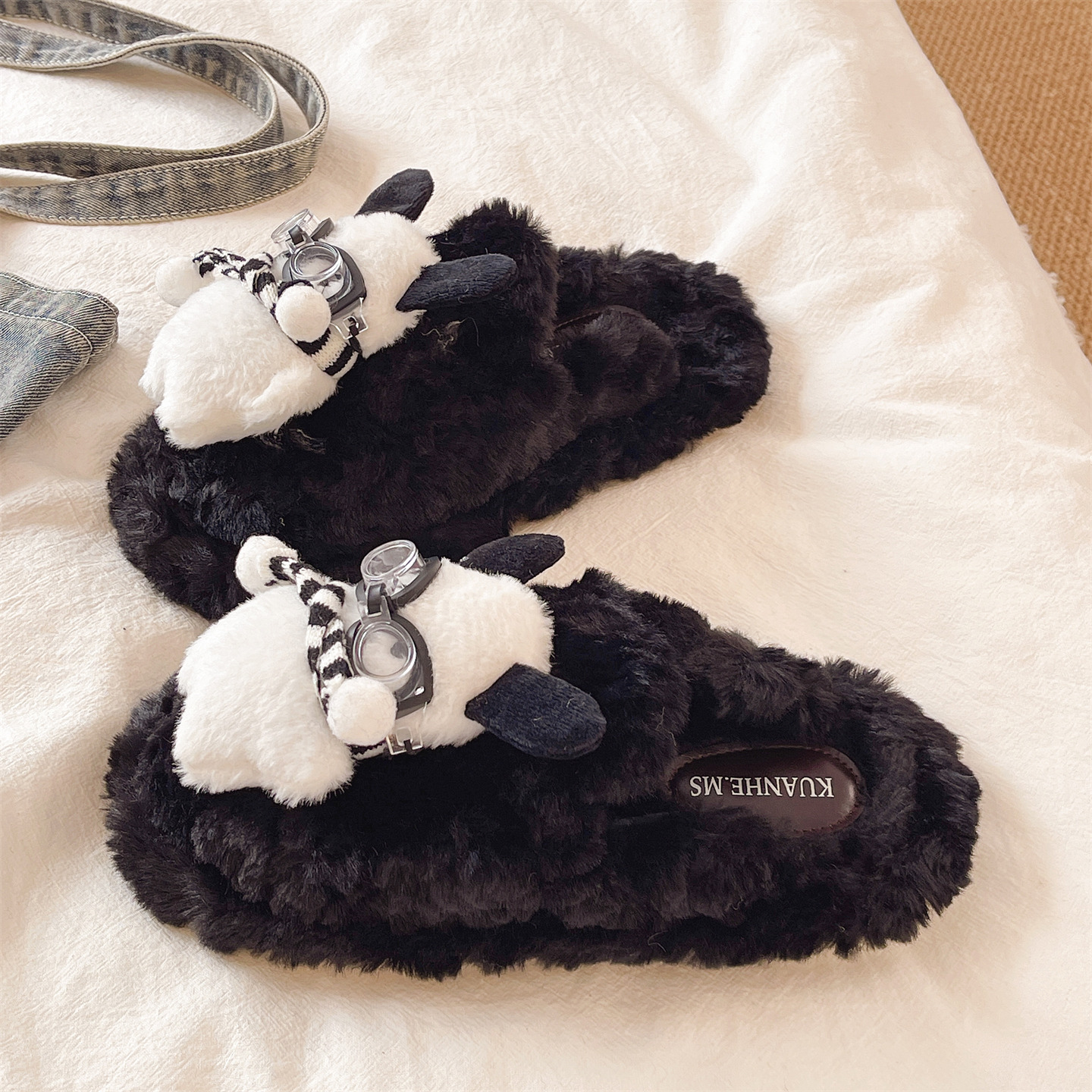 棉拖鞋女冬季可爱眼镜小狗室内居家软底防滑包头保暖加绒毛毛拖鞋