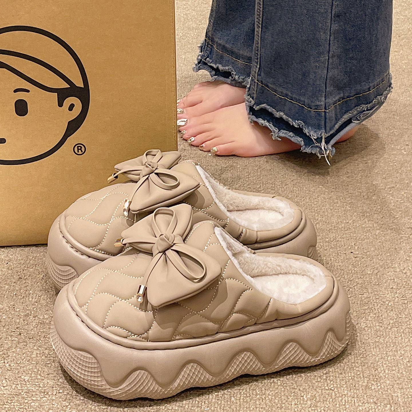 厚底毛毛鞋女冬季可爱蝴蝶结室内家居防滑加绒保暖防水包头棉拖鞋