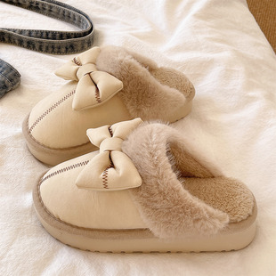 可爱蝴蝶结毛毛拖鞋女士冬季居家加绒保暖皮质防水防滑包头棉拖鞋