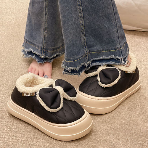 时尚蝴蝶结棉拖鞋女冬季加绒保暖室内家居羽绒布防水防滑包跟棉鞋