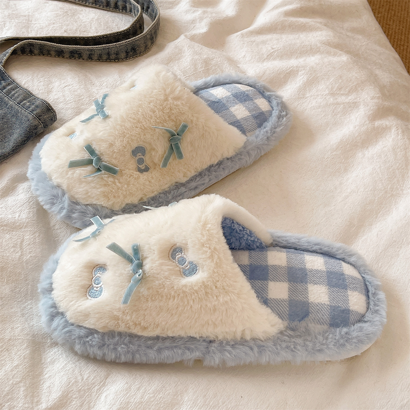 少女心可爱蝴蝶结毛毛拖鞋女冬季居家软底防滑保暖毛绒包头棉拖鞋