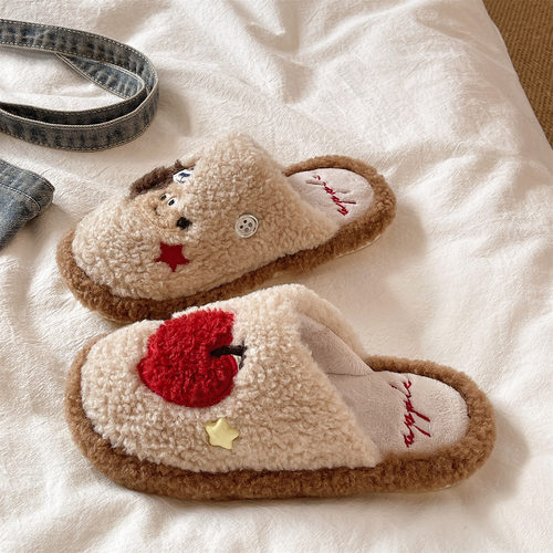 毛毛拖鞋女冬季可爱苹果小狗室内居家防滑软底毛绒保暖包头棉拖鞋