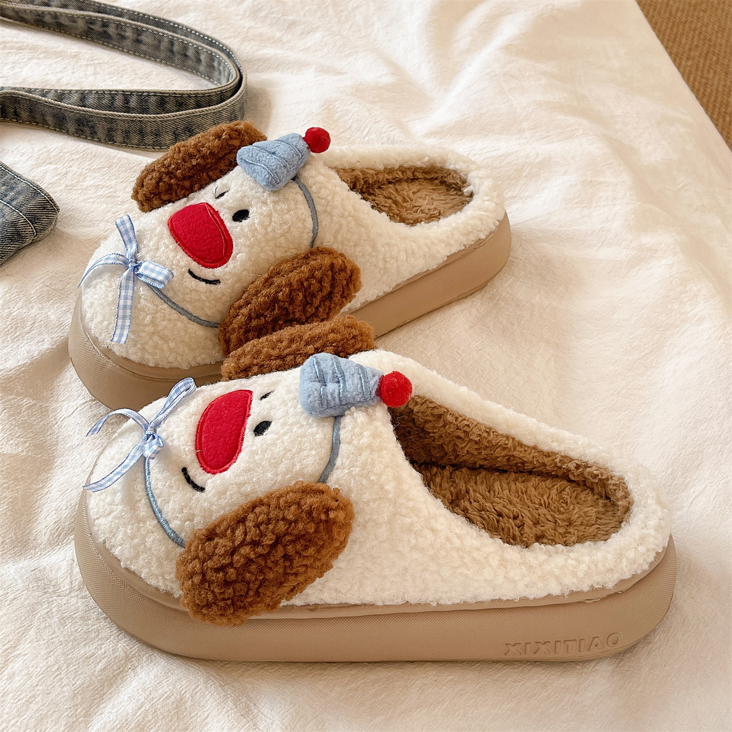 可爱红鼻狗毛毛鞋女冬季情侣室内居家保暖毛绒厚底防滑包头棉拖鞋