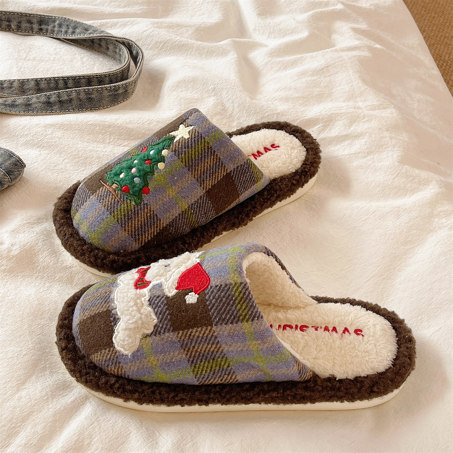 可爱圣诞树小狗毛毛鞋女冬季外穿加绒保暖居家室内防滑包头棉拖鞋