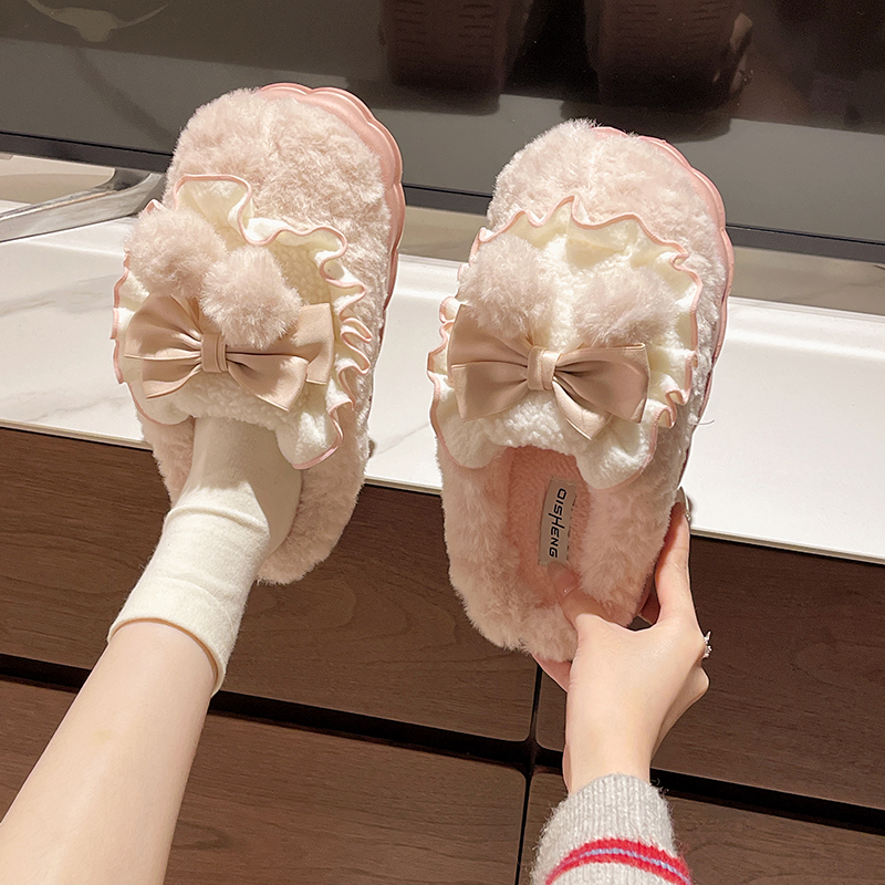 棉拖鞋女款冬季外穿厚底防滑毛绒保暖可爱蝴蝶结室内家居包头拖鞋