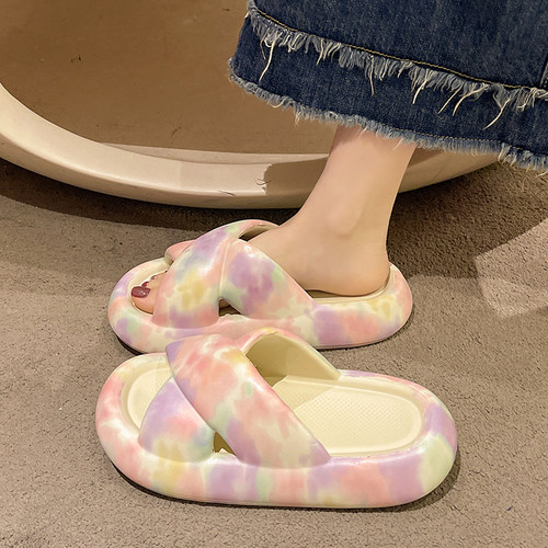 时尚彩虹泡泡交叉凉拖鞋女夏季外穿厚底居家室内浴室洗澡防滑拖鞋