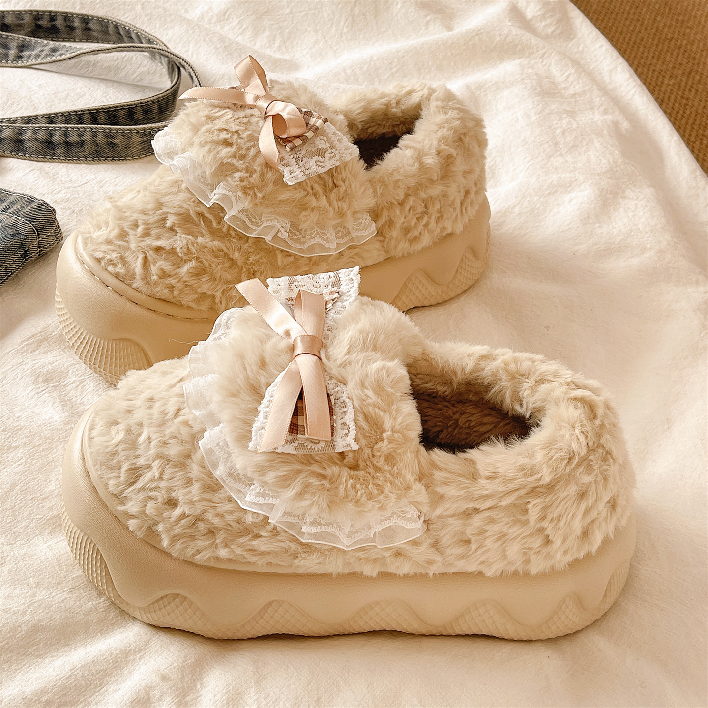 厚底棉拖鞋女冬季加绒保暖月子鞋室内居家可爱蕾丝蝴蝶结包跟棉鞋