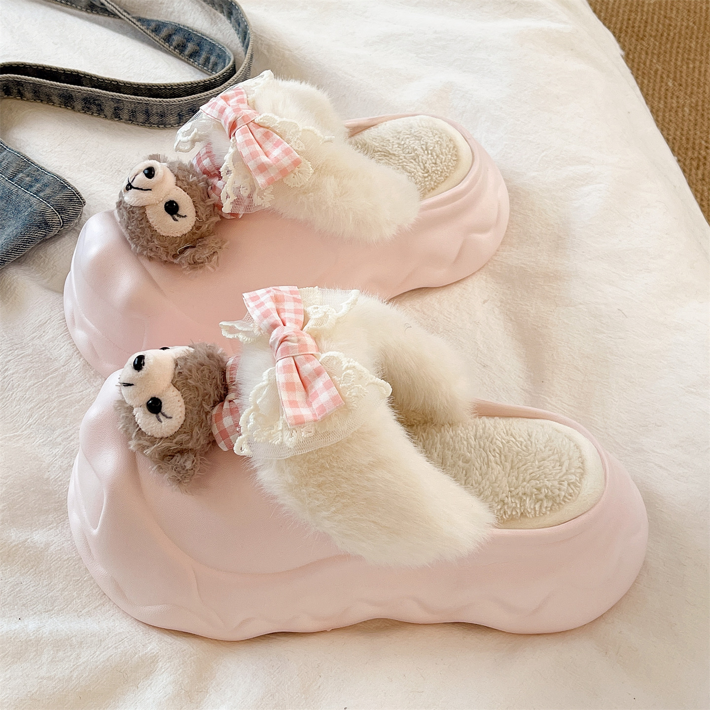 毛毛拖鞋女冬季外穿可爱卡通厚底防滑防水居家保暖加绒包头棉拖鞋