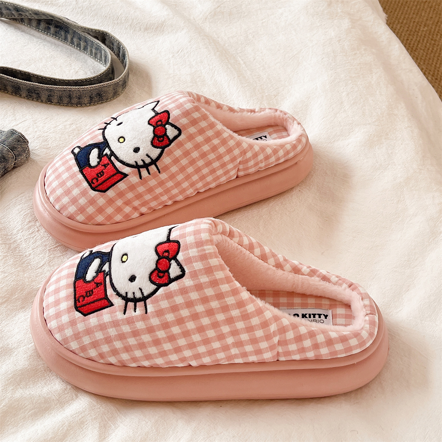 棉拖鞋女冬季卡通可爱猫咪格子室内居家防滑厚底保暖加绒包头拖鞋