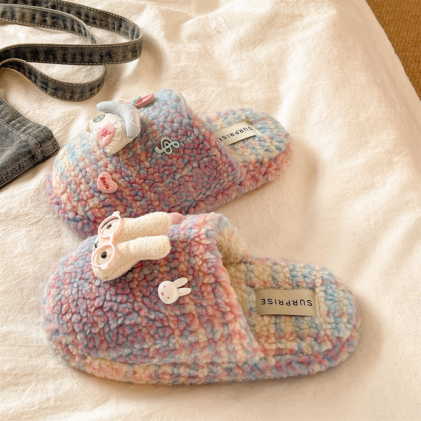 毛毛鞋女冬季居家室内毛绒保暖防滑软底可爱眼镜兔拼色包头棉拖鞋