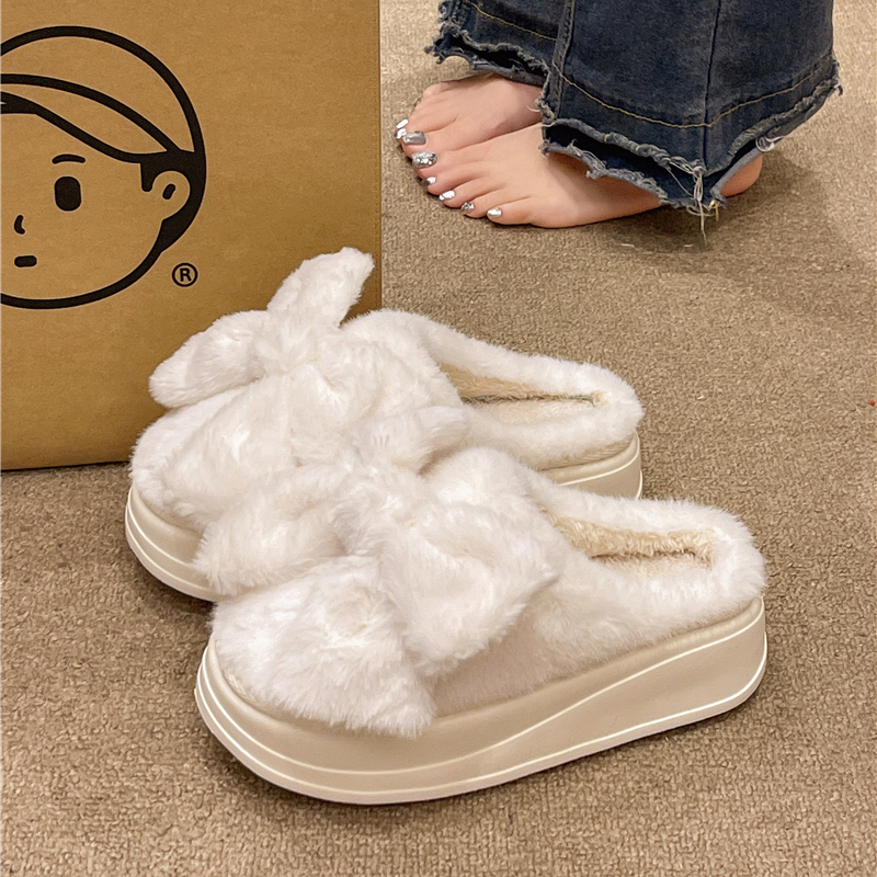 厚底高跟棉拖鞋女冬季可爱大蝴蝶结毛绒保暖室内家居防滑包头拖鞋