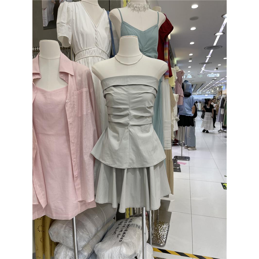 十三行女装2025夏季新款韩版洋气褶皱显瘦抹胸上衣百褶裙甜美套装