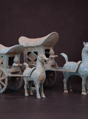 仿古青铜器汉代青铜器摆件车马做旧古装饰纯铜龙头马错金银中式铜