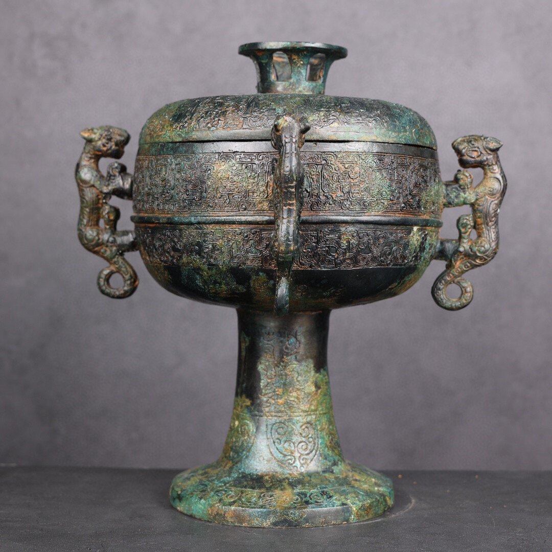 仿古青铜器摆件四虎豆蟠龙纹豆盛食器汉式婚礼道具青铜豆礼器