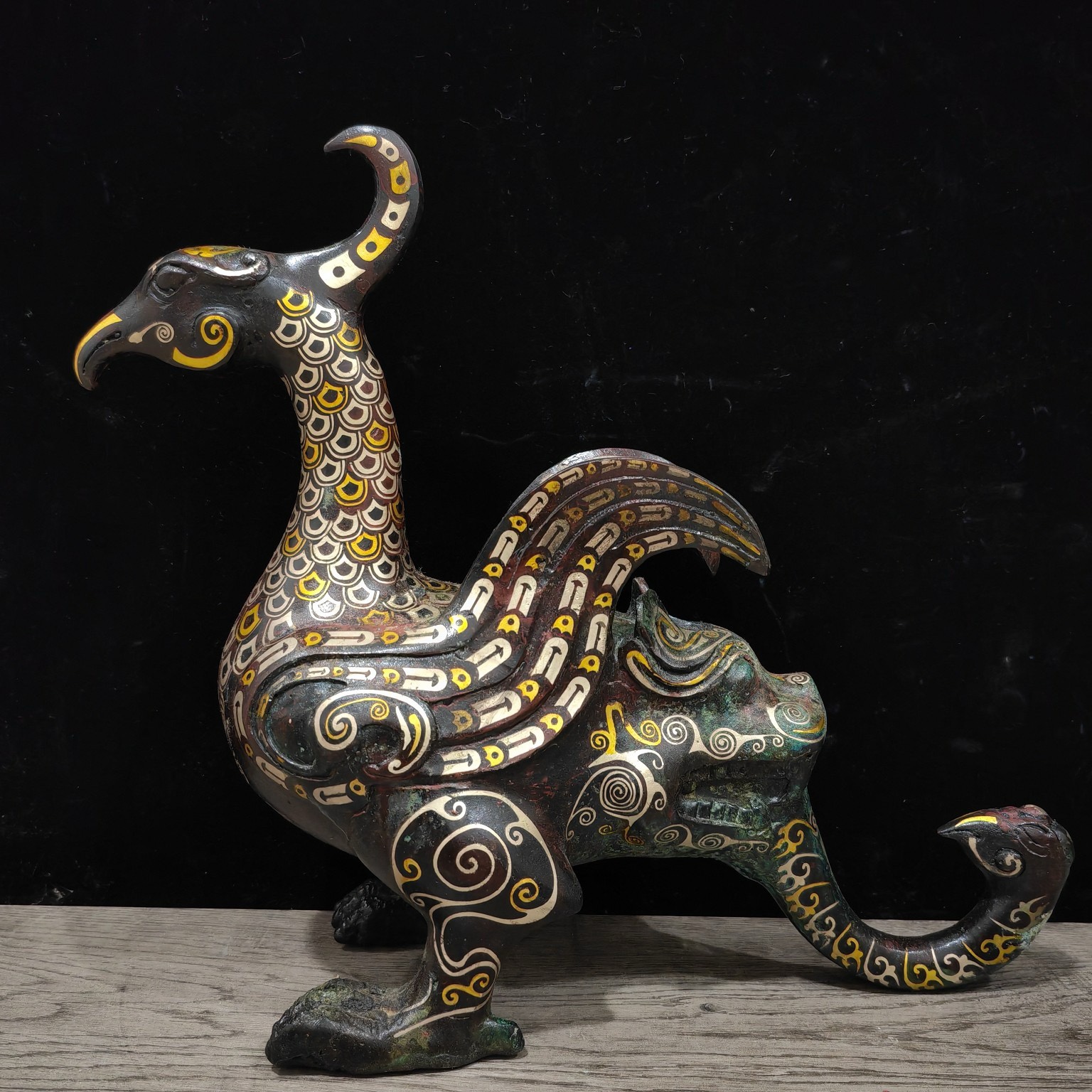 仿古摆件错金银工艺虎凤尊鸟形神兽古玩纯铜错银凤首兽尾双翼兽