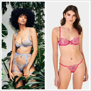 Blueb外贸原单正品贝拉玫红紫上托钢圈花纹精致性感内衣套装