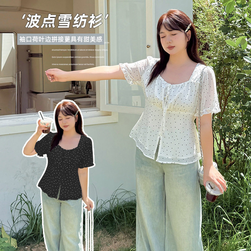 夏季大码甜美雪纺波点清凉上衣