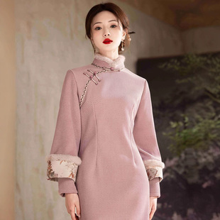 贝之韵新中式素雅改良旗袍秋冬款女正肩修身连衣裙