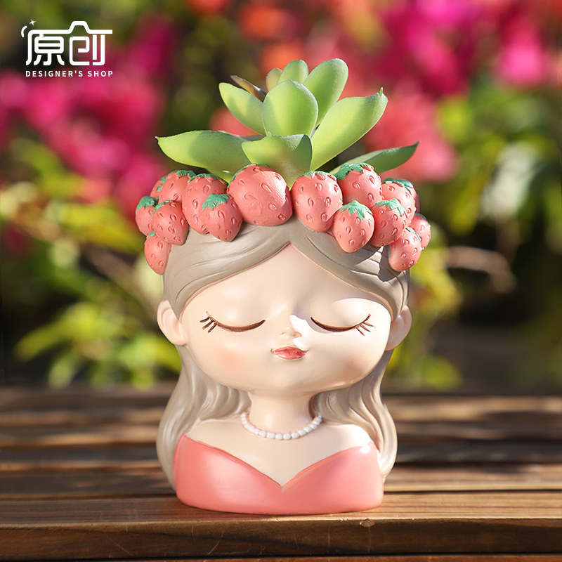 硕果累累少女小花盆树脂可爱卡通小女孩头像造型个性创意多肉花盆
