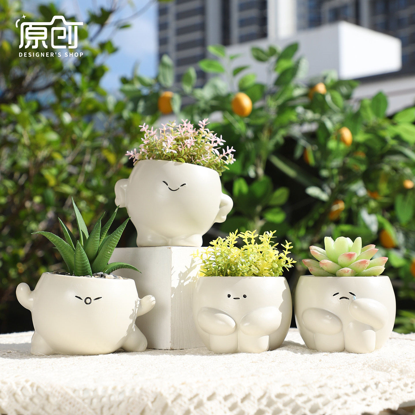 多肉花盆可爱奶油风卡通笑脸个性创意造型精致小号多肉植物小花盆