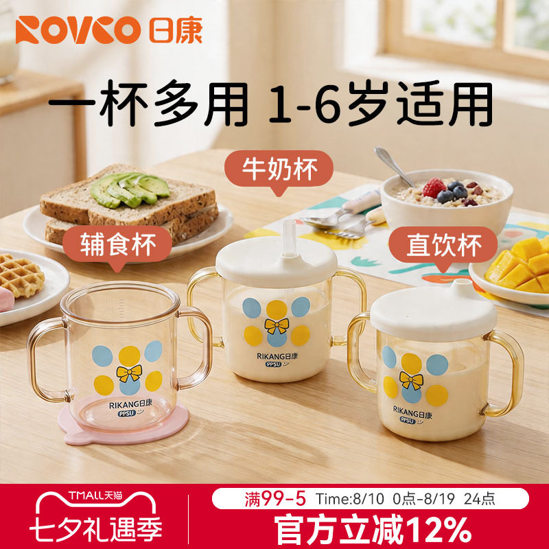 日康儿童PPSU牛奶杯1-3岁以上宝宝喝奶瓶敞口刻度吸管水杯直饮杯