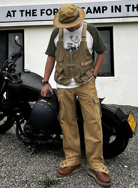 NON STOCK美式复古M-64重磅宽松粗斜纹高腰卡其工装裤摩托机车裤