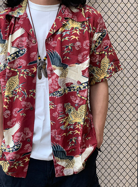NON STOCK美式复古ALOHA定制夏威夷老虎短袖衬衫男古巴领咔叽衬衣