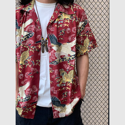 NON STOCK美式复古ALOHA定制夏威夷老虎短袖衬衫男古巴领咔叽衬衣