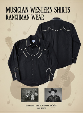 NON STOCK西部牛仔音乐家绣花刺绣长袖衬衫Rockabilly黑色厚衬衣