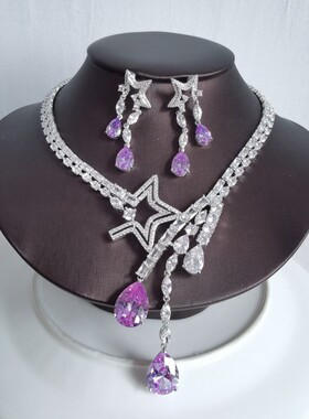 2023新款甜美浪漫紫色锆石项链耳环结婚首饰婚纱礼服宴会模特饰品