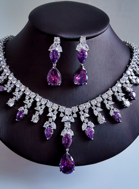 2026奢华时尚复古浪漫紫色水滴锆石项链耳环结婚首饰婚纱宴会饰品