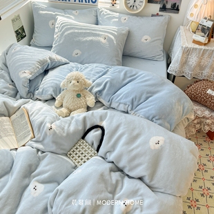 冬季牛奶绒加厚床上四件套2025新款珊瑚绒法兰绒单被套床笠三件套