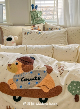 毛巾绣床上用品四件套纯棉全棉2026新款床单被套罩学生宿舍三件套