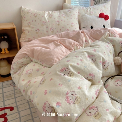 甜美床上四件套纯棉全棉新款双层纱新款床单件被套被罩宿舍三件套