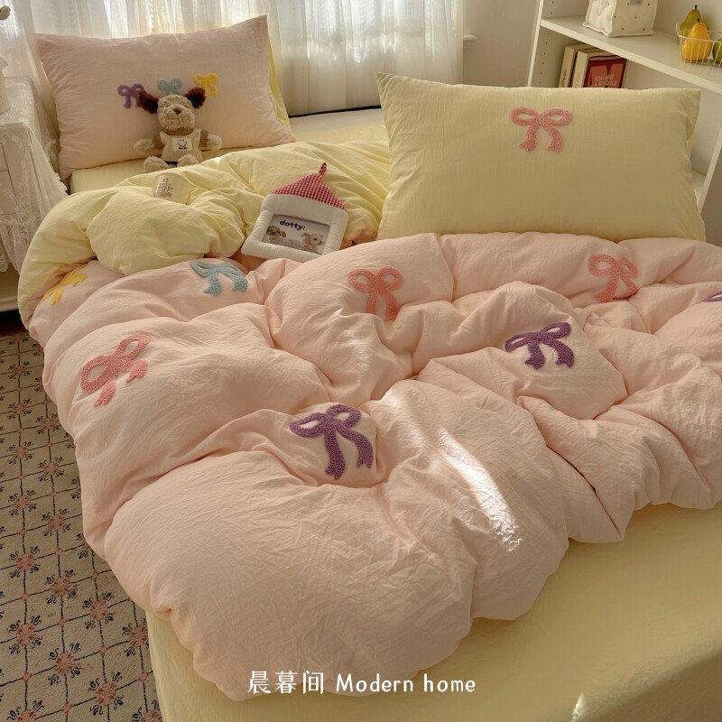 ins韩系床上四件套纯棉全棉2026新款蝴蝶结毛巾绣学生宿舍三件套4